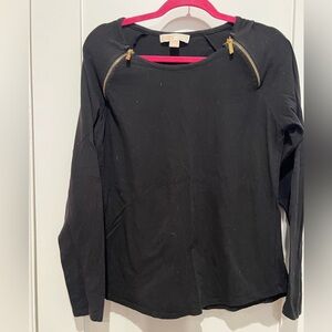 Women’s Michael Kors EUC Black Long Sleeve Shirt Two Gold Zippers Size L